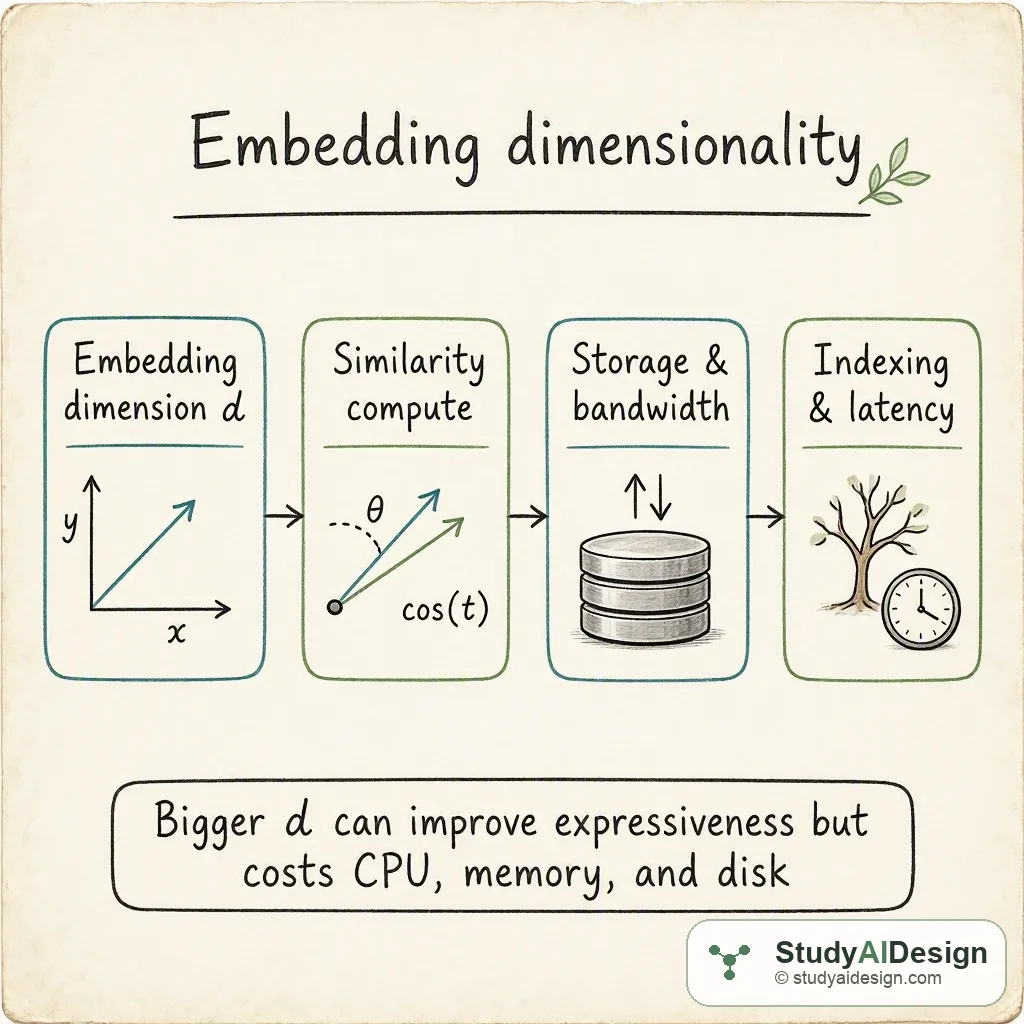 Hand-drawn sketch of embedding axes, vectors, index structures, and storage tradeoff