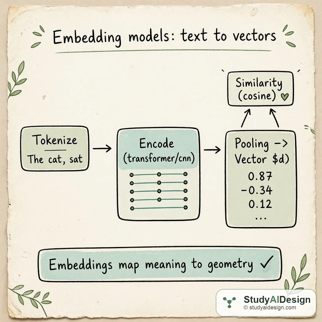 Hand-drawn diagram showing text input, an encoder box producing a vector, and similarity arrows between vectors.