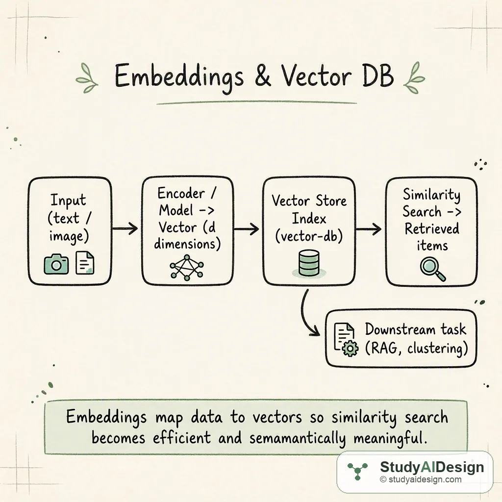 Hand-drawn diagram showing text converted to vectors and stored in a vector database with similarity arrows