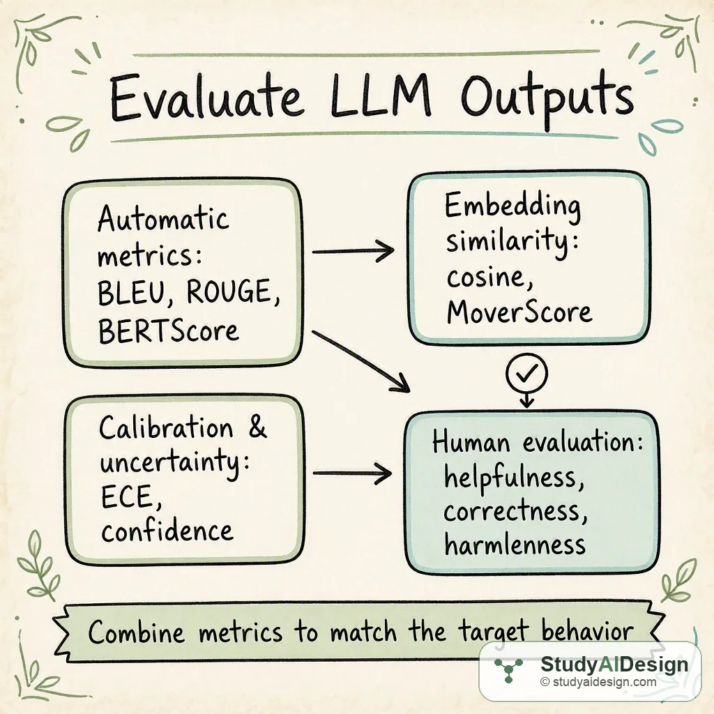 Hand-drawn knowledge card showing boxes for automatic metrics, human eval, embeddings, arrows, and a bottom takeaway