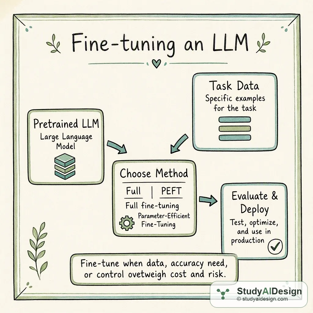 Hand-drawn card showing a simplified fine-tuning workflow with labeled boxes and arrows