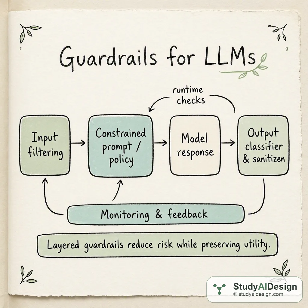 Hand-drawn card showing guardrail components like prompts, filters, classifiers, and monitoring