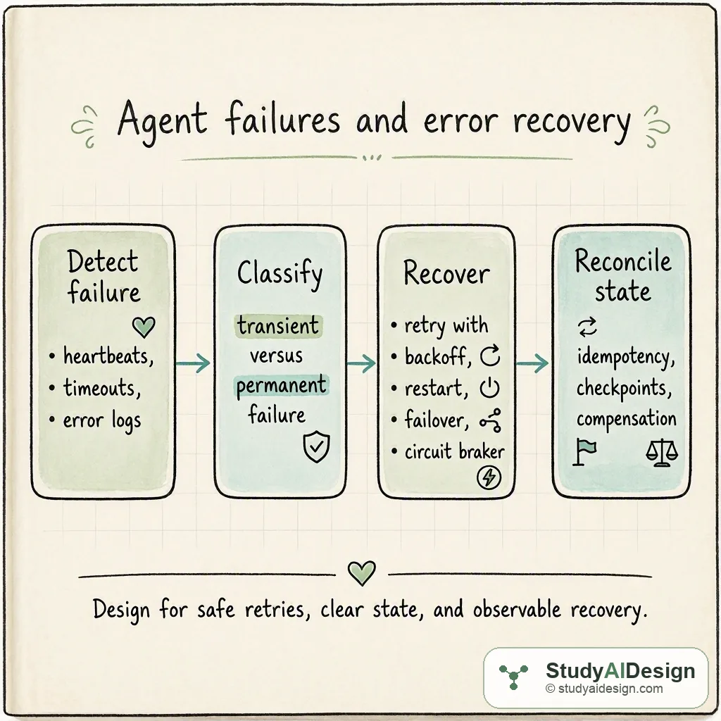 Hand-drawn diagram of an agent failing with retry, failover, and state reconciliation steps.