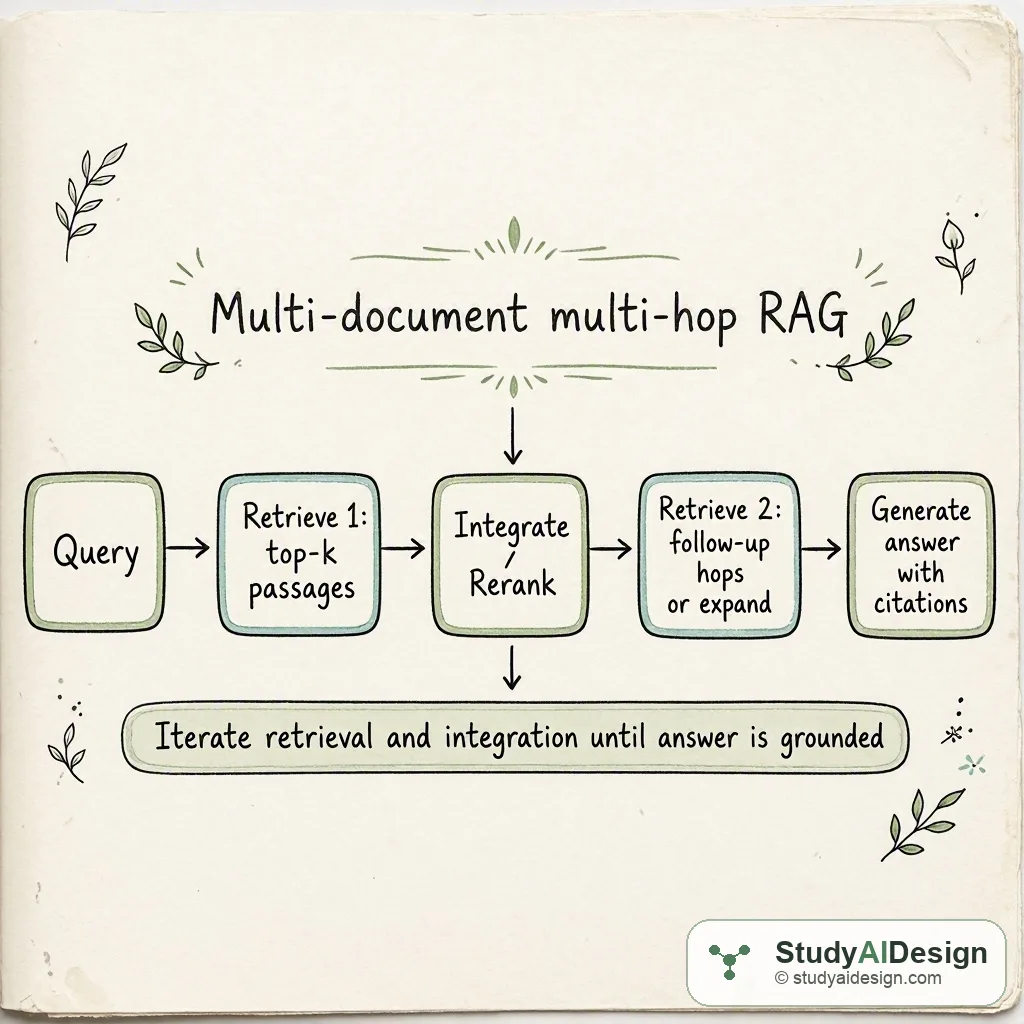 Hand-drawn diagram of multi-document multi-hop RAG flow with boxes and arrows
