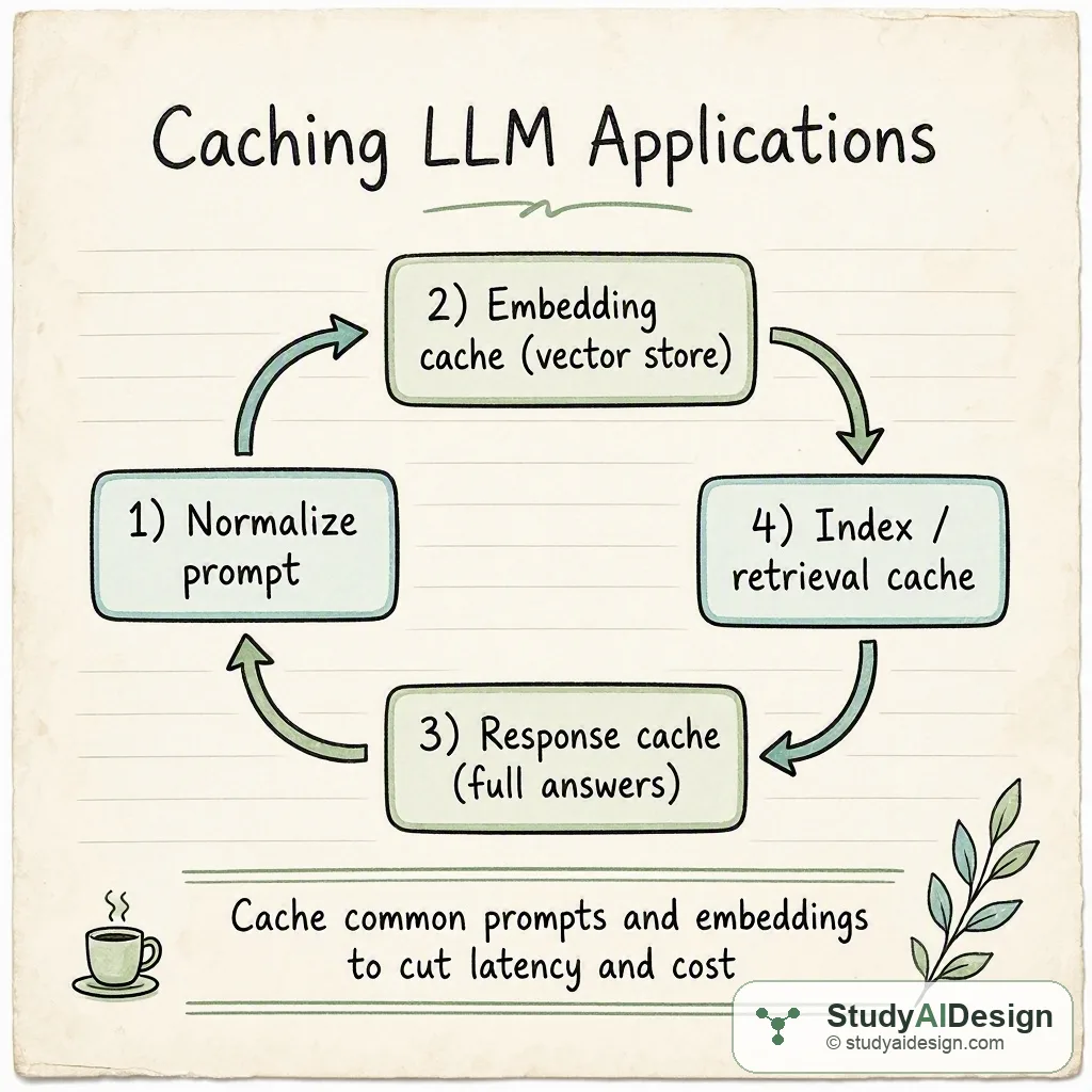 Hand-drawn diagram showing embedding, response, and retrieval caches with arrows