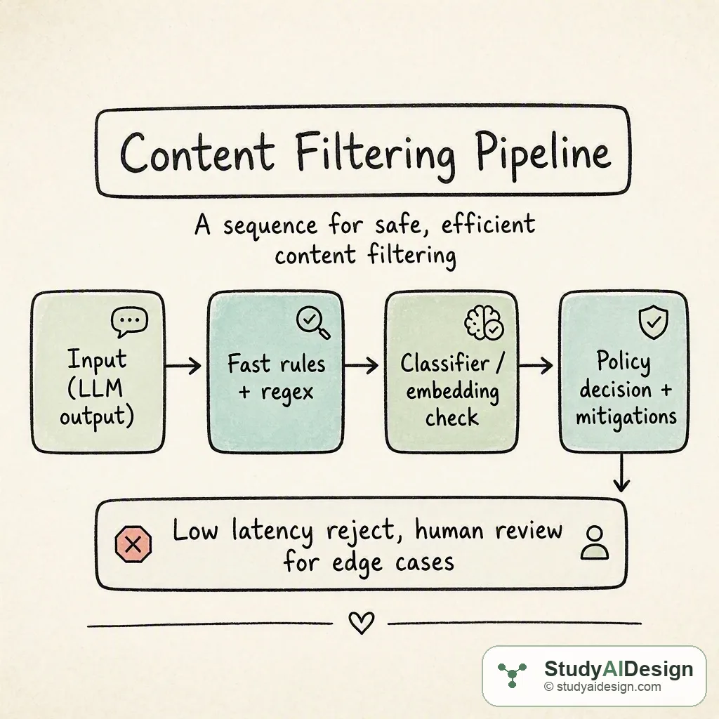 Hand-drawn diagram of a content filtering pipeline with labeled boxes and arrows