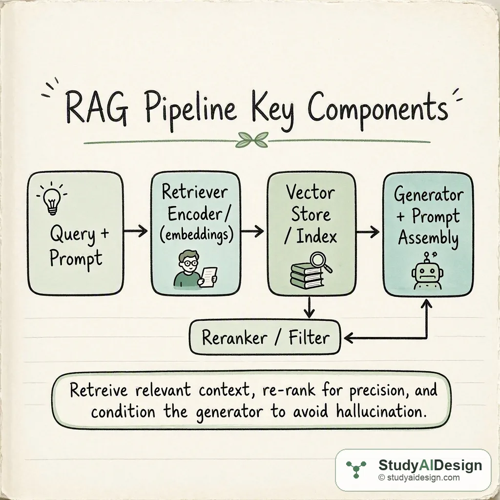 Diagram of RAG pipeline boxes showing query, retriever, vector store, re-ranker, generator