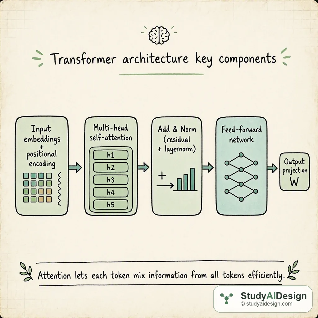 Hand-drawn diagram of a transformer block showing input embeddings, multi-head attention, feed-forward, residuals, and output projection