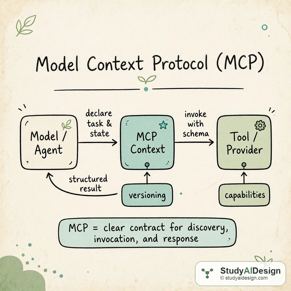 Hand-drawn diagram showing model, agent, and tool boxes with arrows labeled request, context, and response