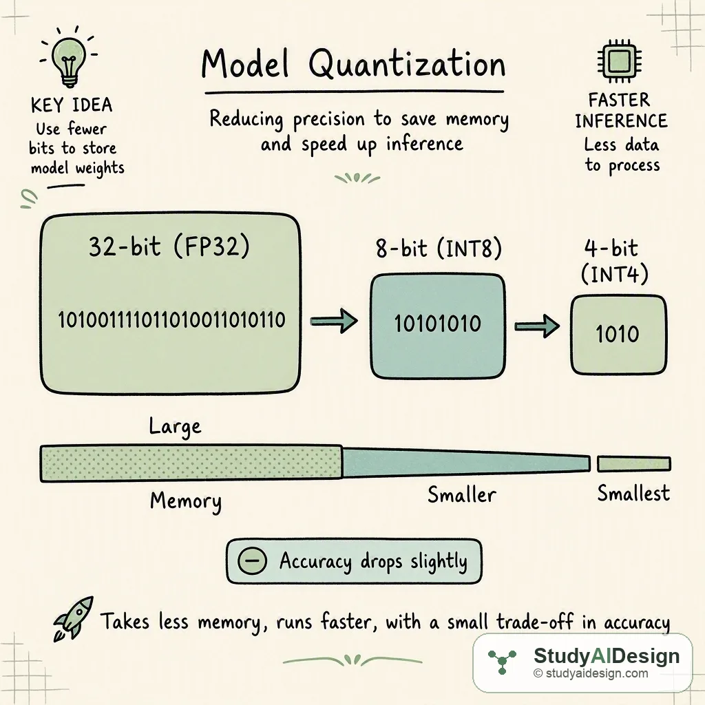A hand-drawn knowledge card showing 32-bit numbers being compressed into 4-bit numbers to save memory.
