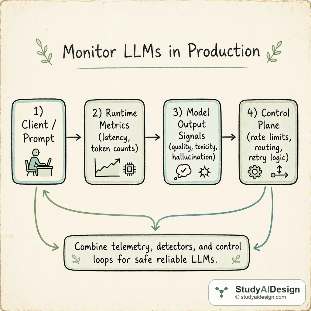 Hand-drawn monitoring dashboard showing telemetry, prompts, model responses, and alerts