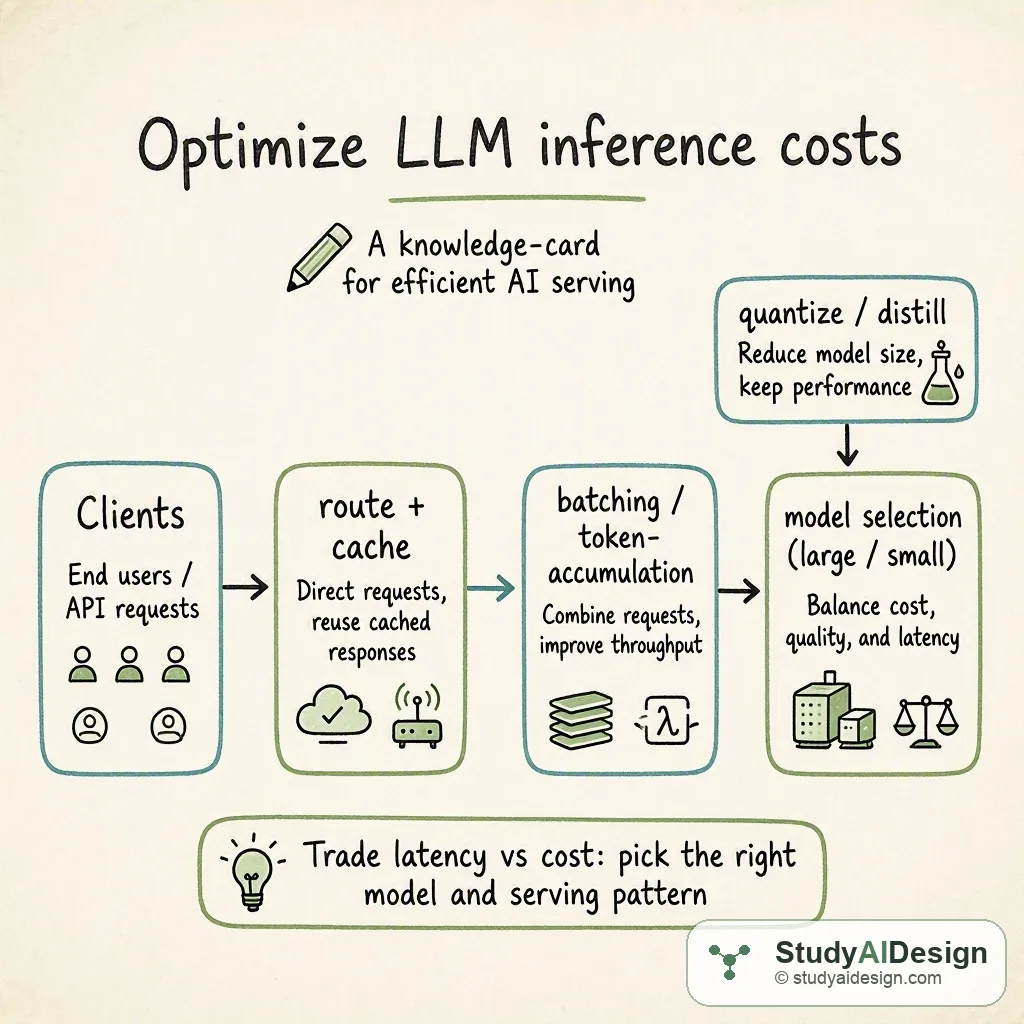 Hand-drawn diagram of LLM serving flow with model, clients, cache, batching, and cost tag