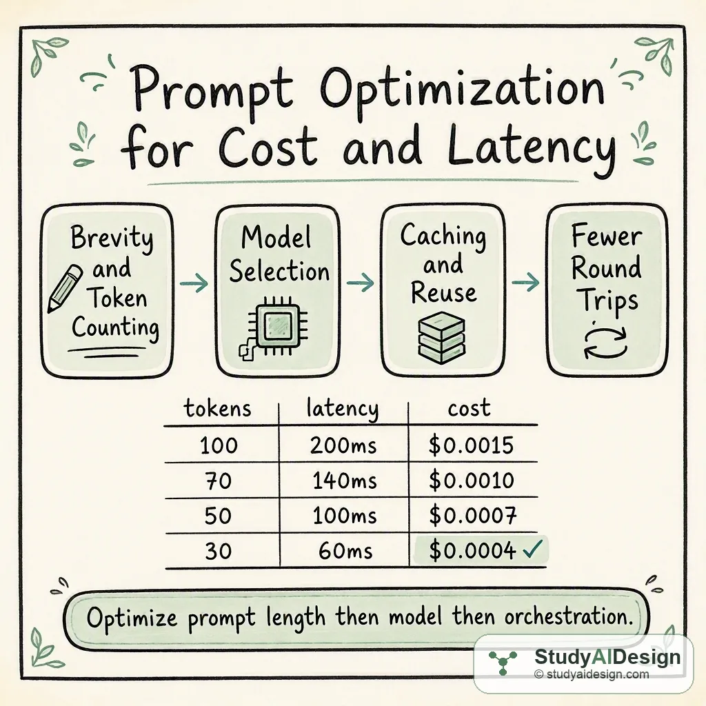 Hand-drawn card showing prompt optimization flow with boxes for brevity, model choice, caching, and orchestration