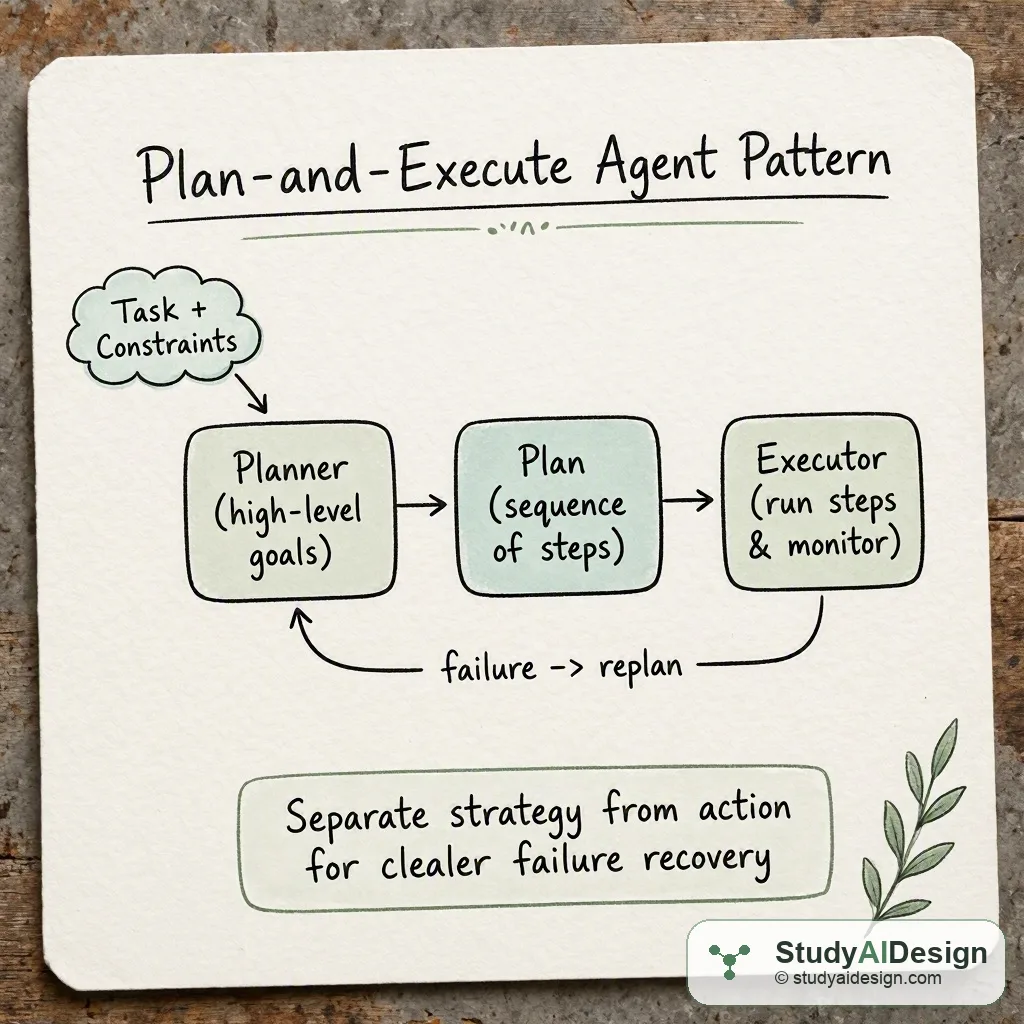 Hand-drawn card showing planner, plan, and executor boxes with feedback arrows and a takeaway