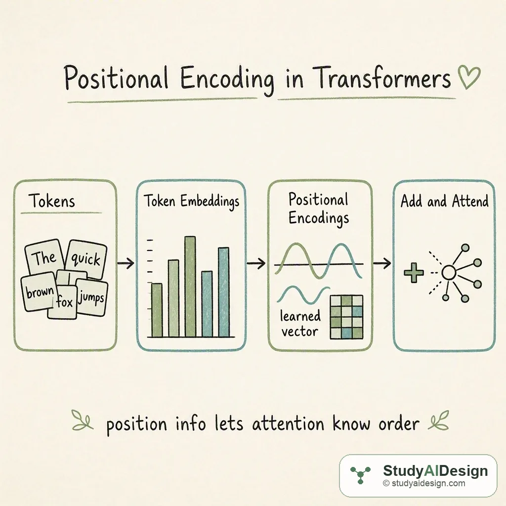 Hand-drawn card showing positional encoding flow with boxes for tokens, positional vectors, addition, attention, and takeaway