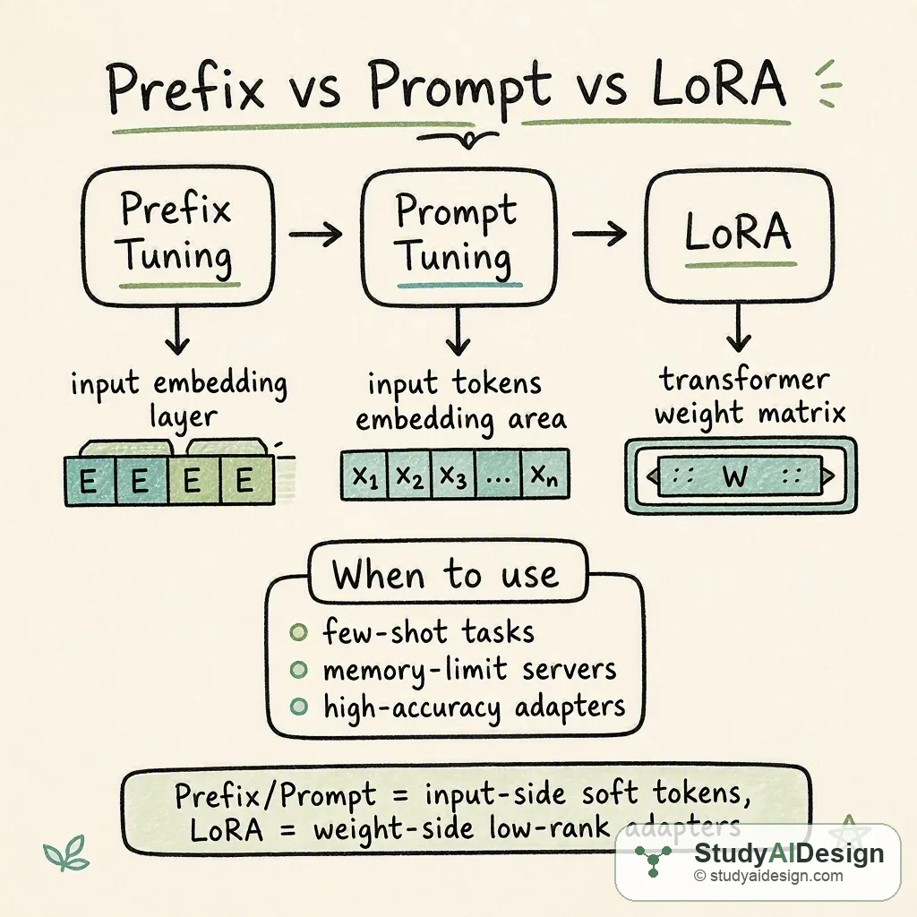 diagram showing virtual prefixes, soft prompts, and LoRA low-rank adapters in a transformer