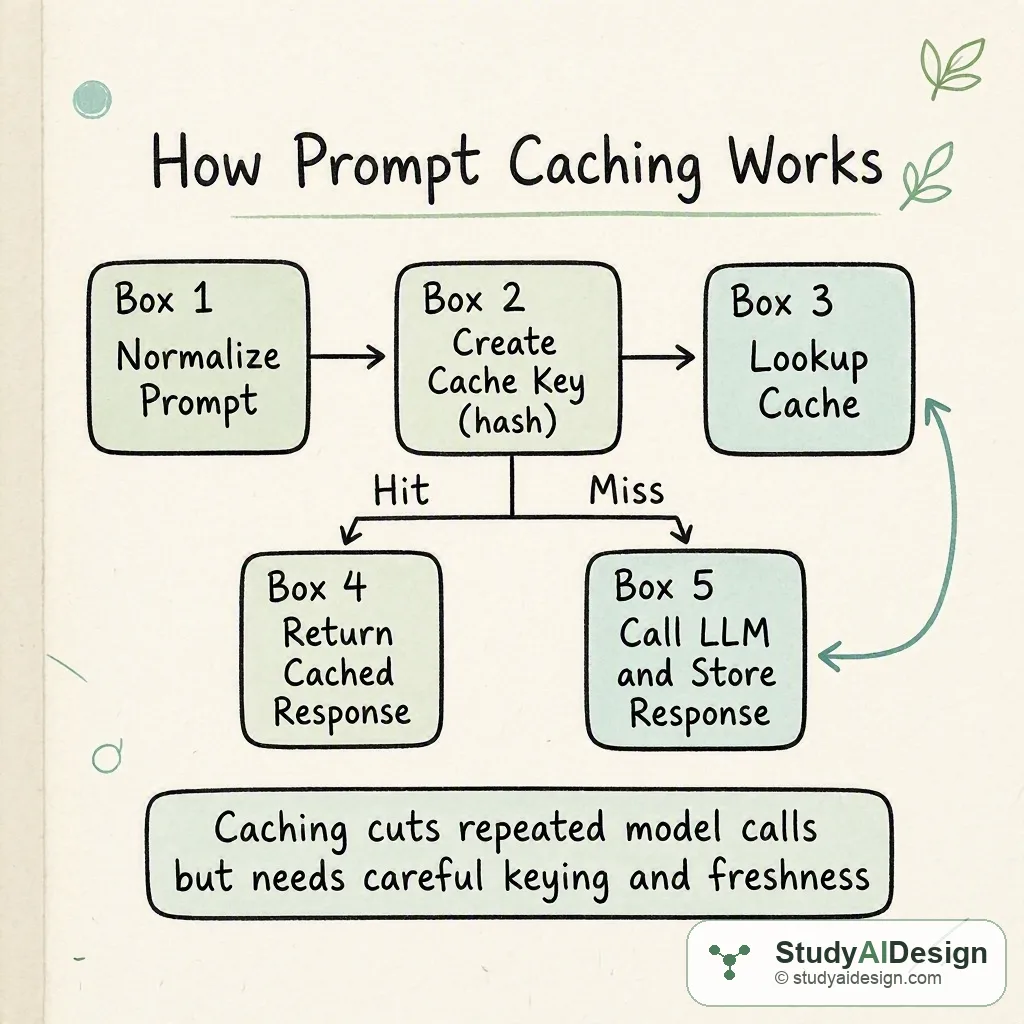 Hand-drawn flow showing prompt normalization, cache lookup, hit returning response, miss calling LLM and storing result