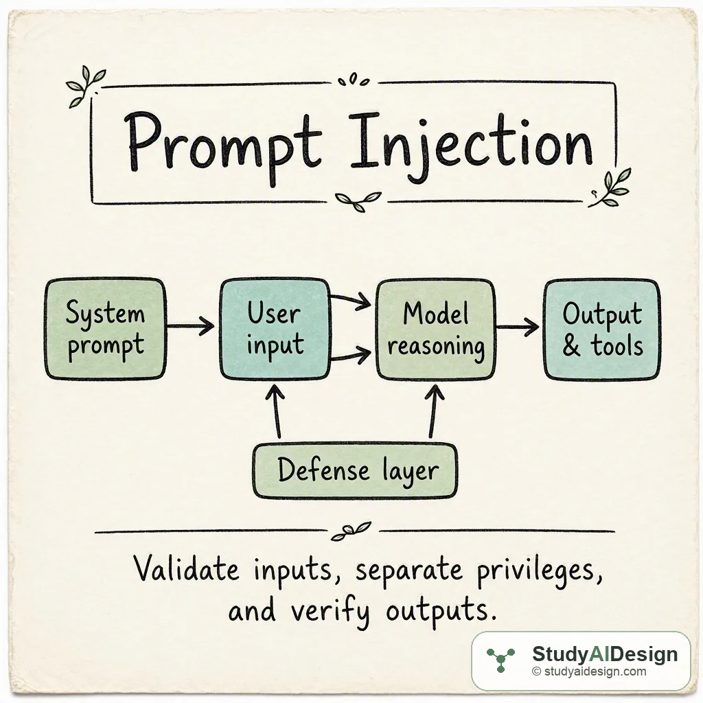 Hand-drawn knowledge card showing system prompt, user input, model, and filters with arrows.