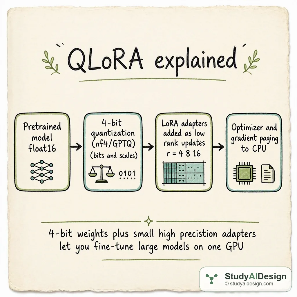 hand drawn diagram showing a model being quantized to 4-bit and LoRA adapters added