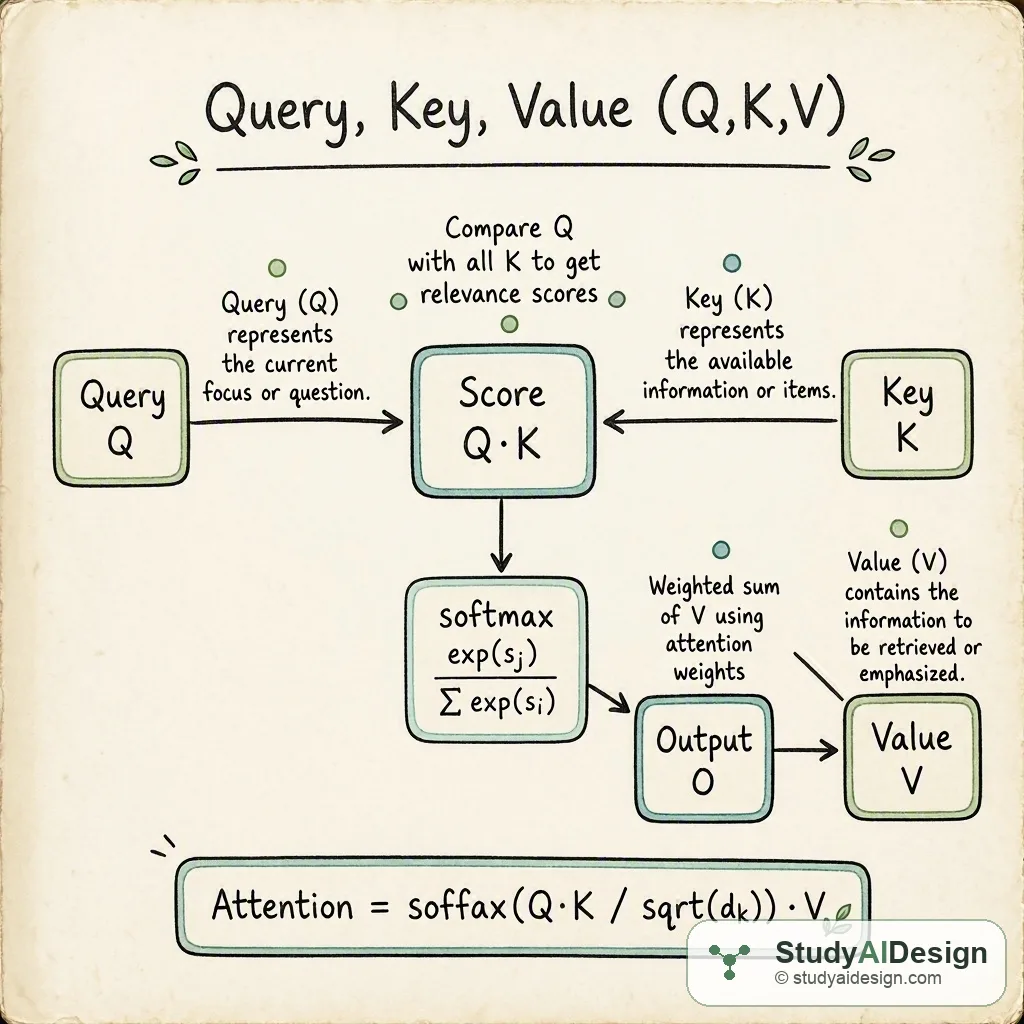 hand-drawn diagram of three labeled boxes Q K V with arrows and a final output