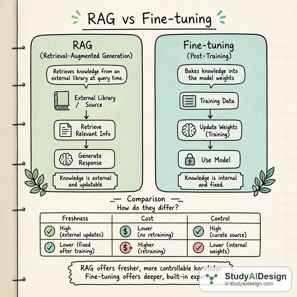 A hand-drawn knowledge card comparing retrieval augmented generation with fine-tuning across cost, freshness, and control.