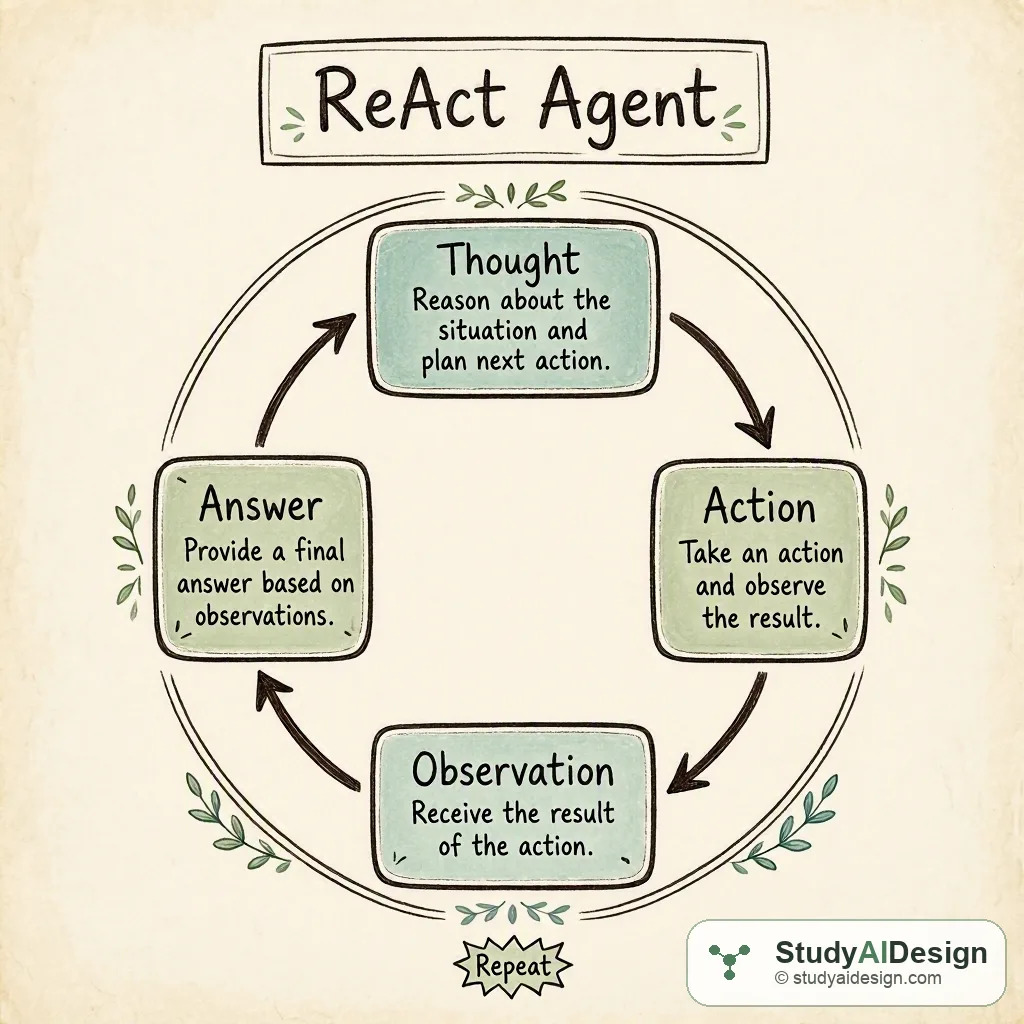Hand-drawn diagram of ReAct loop showing Thought, Action, Observation boxes