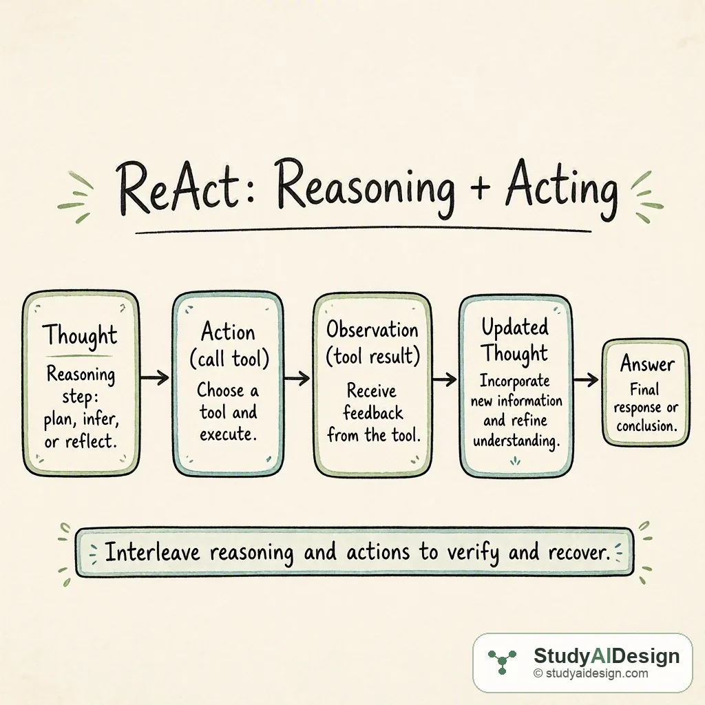 Sketch of ReAct loop: Thought, Action, Observation, updated Thought, final Answer