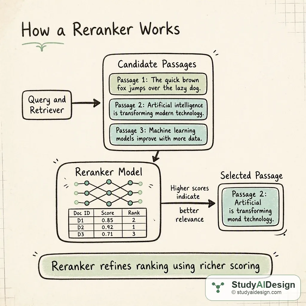 Hand-drawn diagram showing a query, retrieved passages, reranker model rescoring, and selected passage