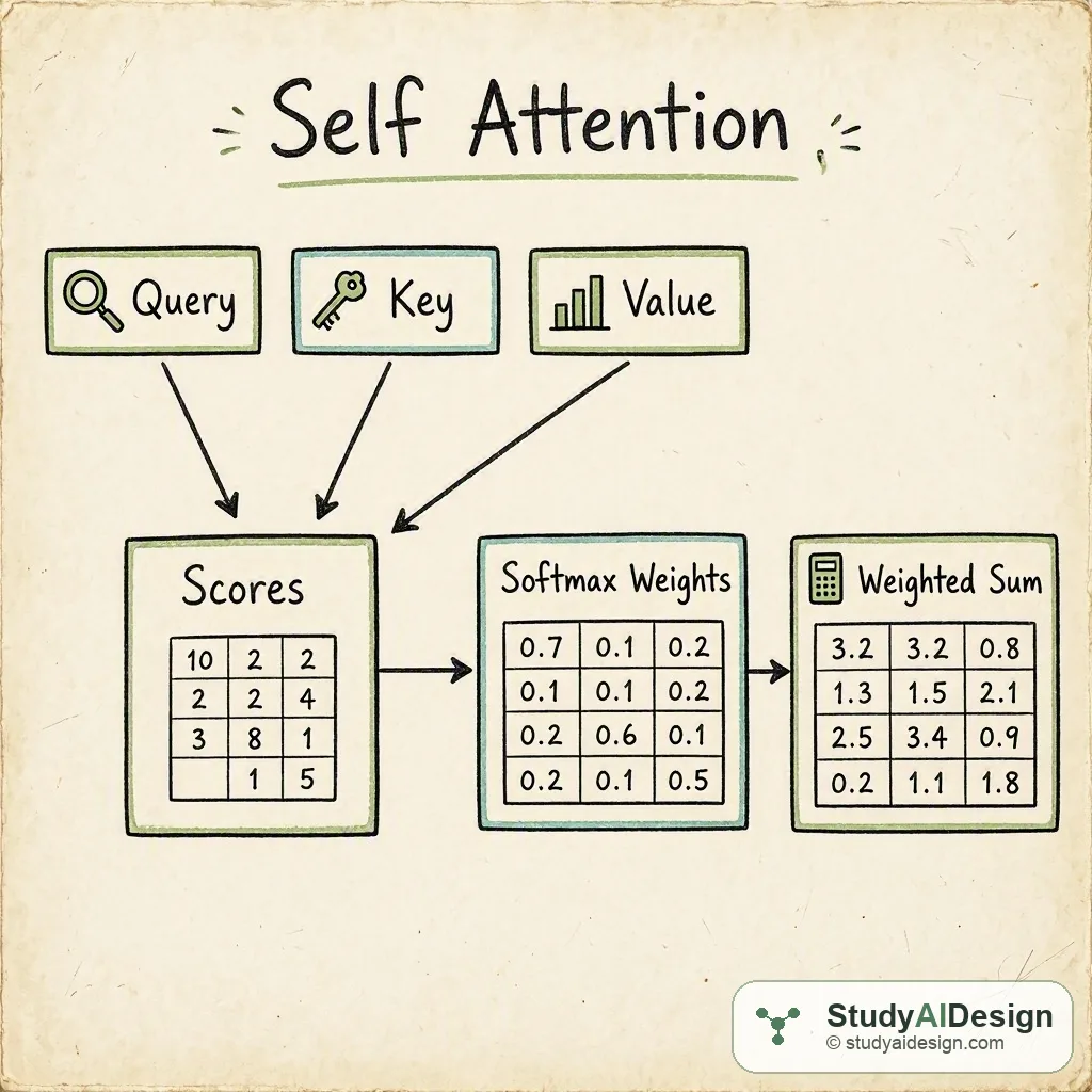 Diagram of tokens turning into queries keys values and attention-weighted outputs