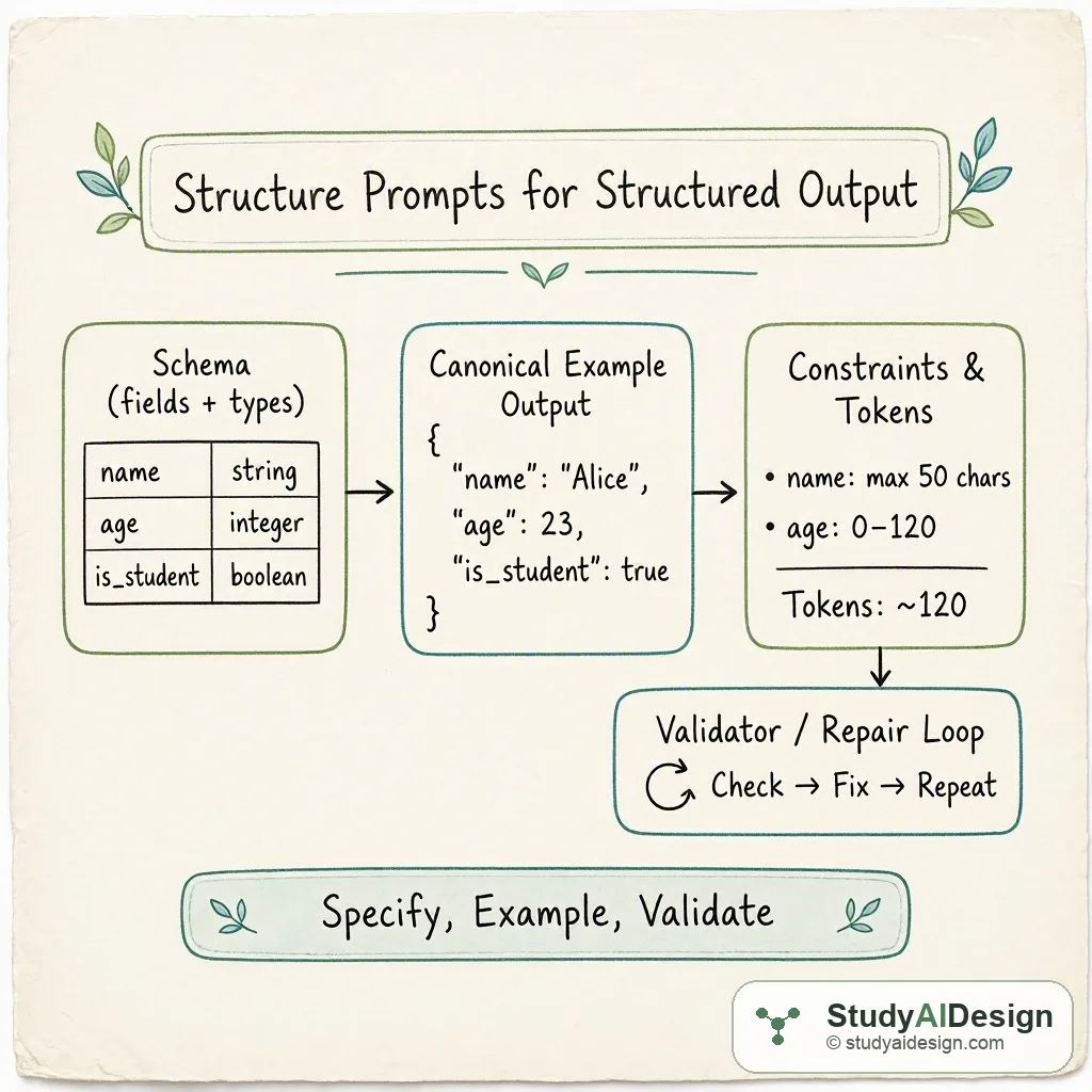 Hand-drawn card showing labeled boxes for schema, examples, constraints, validator, and takeaway