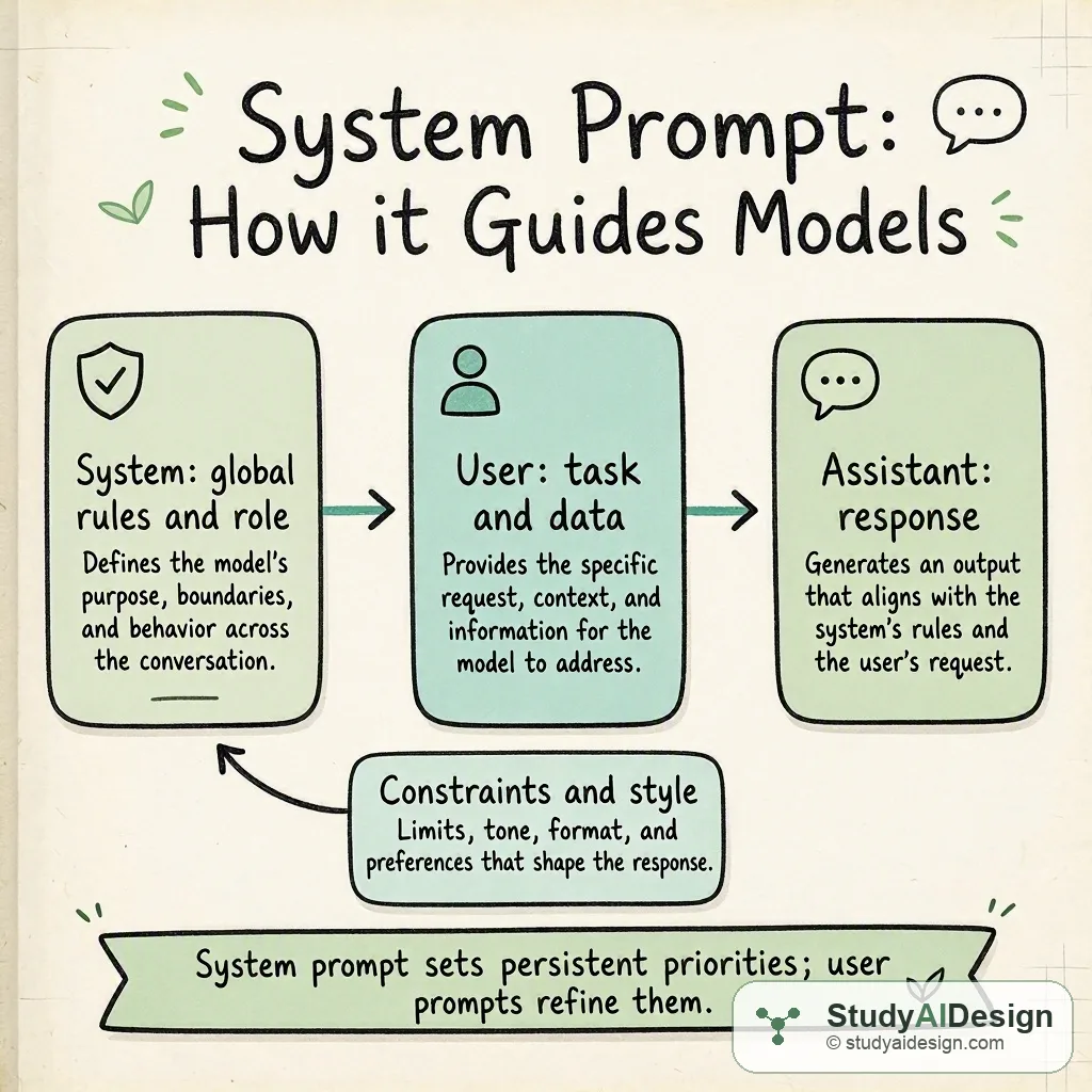 Hand-drawn knowledge card showing system prompt, user prompt, assistant flow with arrows