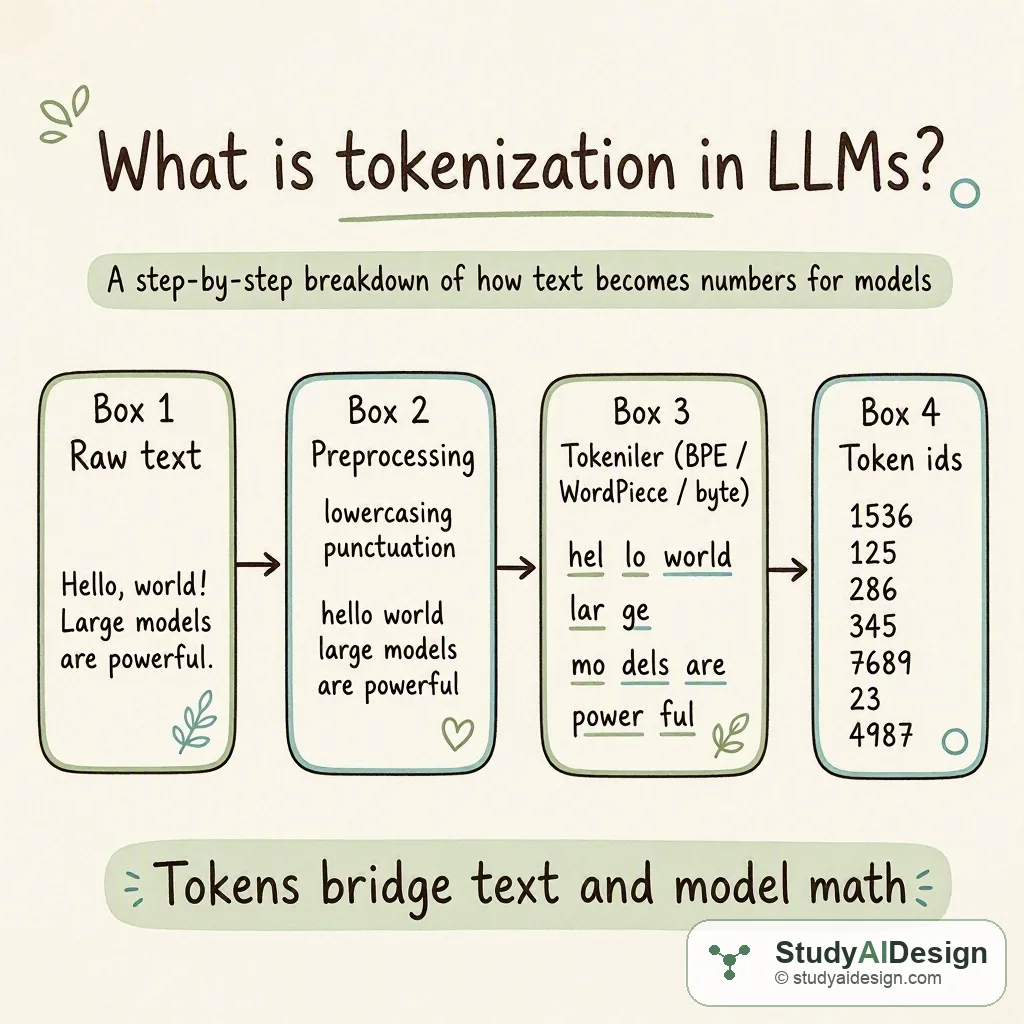 Hand-drawn diagram showing raw text being split into tokens then token ids then model input