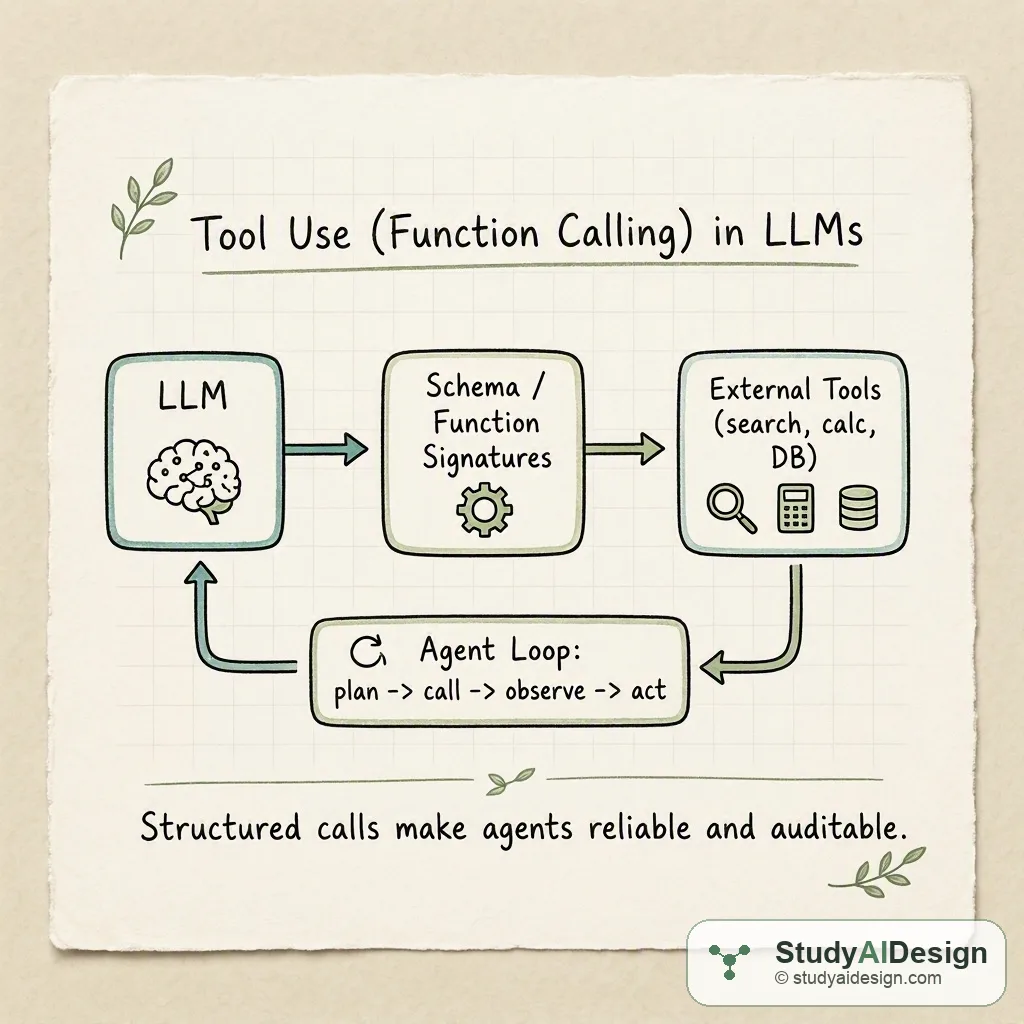 Hand-drawn knowledge card showing an LLM calling tools: search, calculator, and API, with arrows and a takeaway.