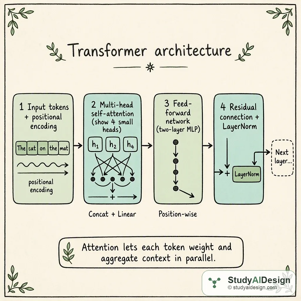 Hand-drawn diagram of transformer blocks showing attention heads, feed-forward block, residual connections, and positional encoding.
