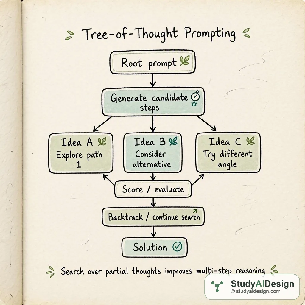 Hand-drawn diagram of a branching tree with labeled thought steps and arrows showing evaluate and backtrack