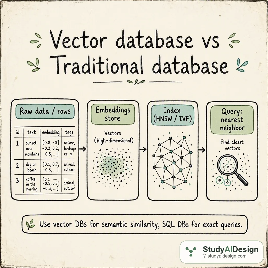 hand-drawn diagram of vectors flowing from documents to an index and a query returning nearest vectors