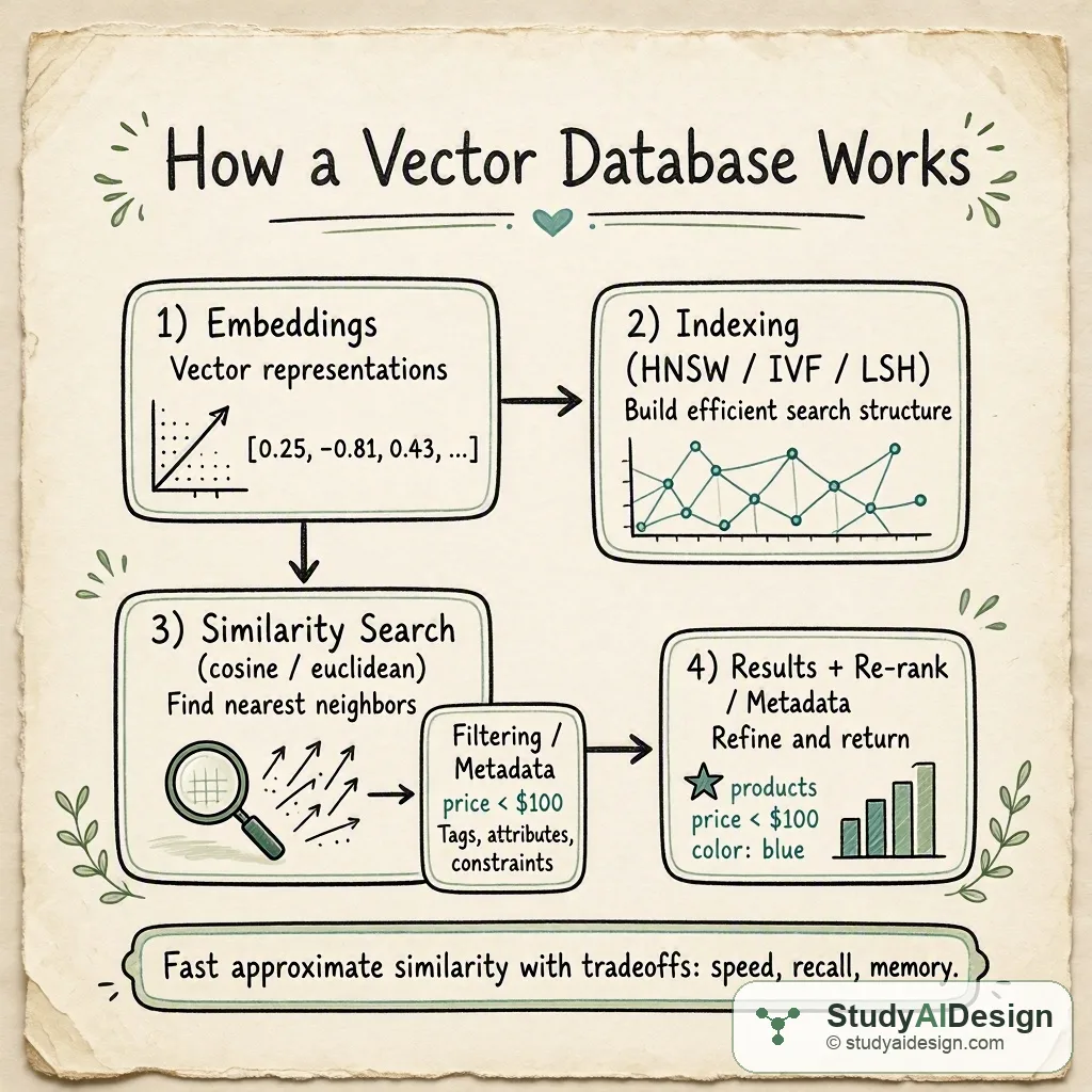 Hand-drawn diagram of vector database flow: embeddings, index, search, results