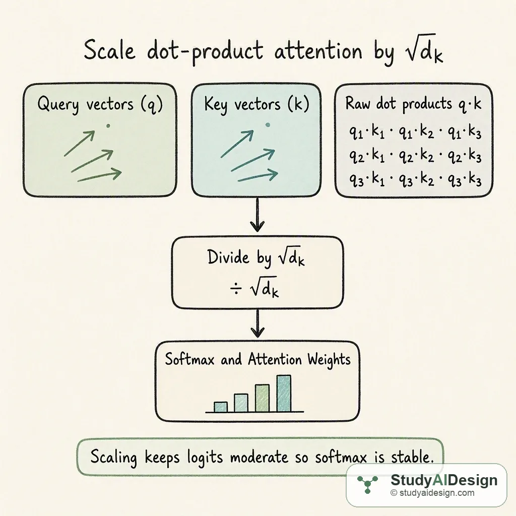 Hand-drawn card showing queries, keys, scaling factor, scaled dot product, and final attention weights